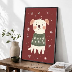 Tranh treo tường, Chú chó mặc áo len Giáng Sinh, Christmas Dog, Cozy Christmas, Holiday Art, nhận in theo yêu cầu.