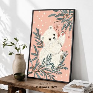 Tranh treo tường, Gấu Bắc Cực bên cành lá Giáng Sinh, Polar Bear, Christmas Branch, Cute Winter, nhận in theo yêu cầu.