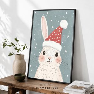 Tranh treo tường, Thỏ đội mũ Noel, Christmas Bunny, Santa Hat, Cute Christmas, nhận in theo yêu cầu.