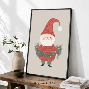 Tranh treo tường, Ông già Noel nhỏ ôm vòng nguyệt quế, Santa Claus, Christmas Wreath, Cute Christmas, nhận in theo yêu cầu.