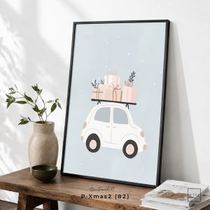 Tranh treo tường, Xe ô tô chở quà Giáng Sinh, Christmas Car, Gifts, Holiday Decor, nhận in theo yêu cầu.