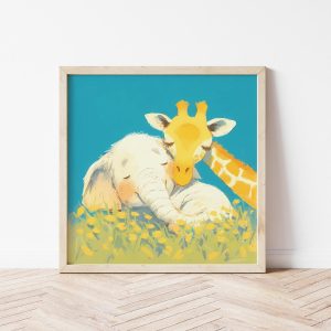 Tranh treo tường, Tranh treo phòng bé dễ thương, Baby Elephant Giraffe Friends Wall Art Print, Cute Safari Animal Nursery Decor