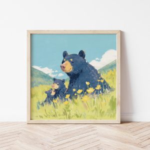 Tranh treo tường, Tranh treo phòng bé dễ thương, Black Bear Cubs Art Print, Animal Nursery Decor