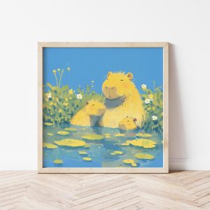 Tranh treo tường, Tranh treo phòng bé dễ thương, Capybara Family Giclée Print, Nursery Animal Wall Art