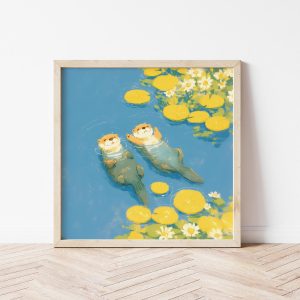 Tranh treo tường, Tranh treo phòng bé dễ thương, Cute Otter Swimming Illustration of Otter Friends Wall Art of Animals Nursery Prints of Birthday Gifts of Otter Poster of Summer Gifts