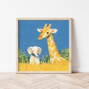 Tranh treo tường, Tranh treo phòng bé dễ thương, Digital Elephant and Giraffe Nursery Art, Safari Animal Illustration Kid's Room, African Safari Prin