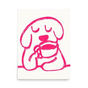 Tranh treo tường Minimalist Dog Coffee Art Print, Whimsical Pink Pet Wall Decor