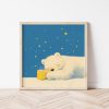 Tranh treo tường, Tranh treo phòng bé dễ thương, Digital Polar Bear Illustration, Starry Night Café Print, Cozy Nursery Art
