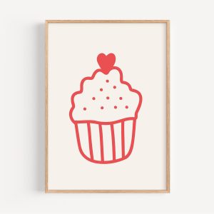 Tranh treo tường Red Cupcake Kitchen Print Minimalist Bakery Art