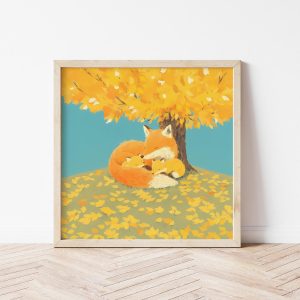 Tranh treo tường, Tranh treo phòng bé dễ thương, Digital Red Fox Illustration, Autumn Forest Animal Nursery Art