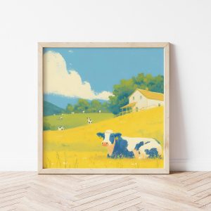 Tranh treo tường, Tranh treo phòng bé dễ thương, Digital Milk Cow Wall Art, Farmhouse Animal Nursery Print, Printable Cow Illustration