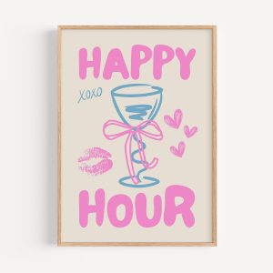 Tranh treo tường Retro Pink Happy Hour Print Playful Bar Cart Decor