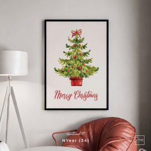 Tranh treo tường, Cây thông Noel nhỏ Merry Christmas nét vẽ màu nước, tặng kèm đinh treo